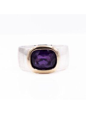 Sterling Silver 14K Gold 1.75ct Amethyst Cushion Cut Ring Size 7